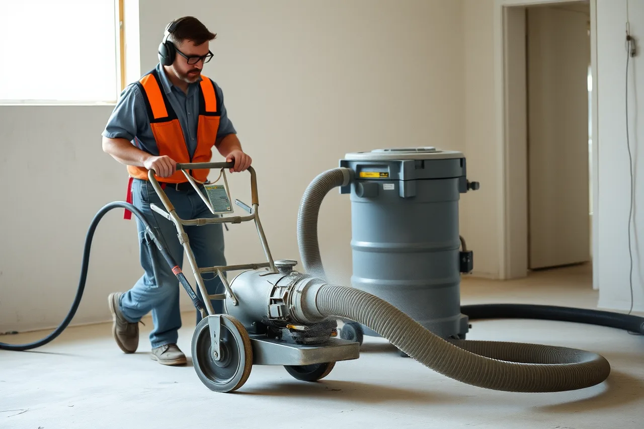 Floor grinder with dust shroud connected to industrial vacuum (Flooring contractor equipment brands compared in 2027)