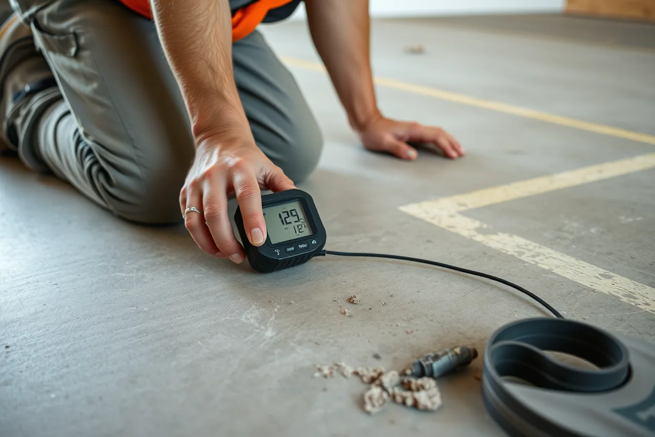 Installer pressing moisture meter probes onto a bare concrete slab (What to put in a flooring contractor business package for 2027)