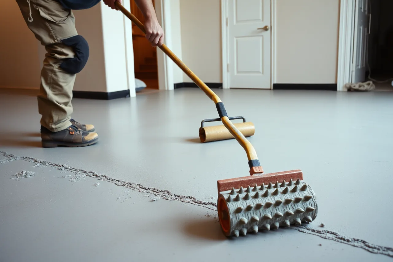Worker spreading self-leveling compound over a prepared concrete subfloor (What to put in a flooring contractor business package for 2027)