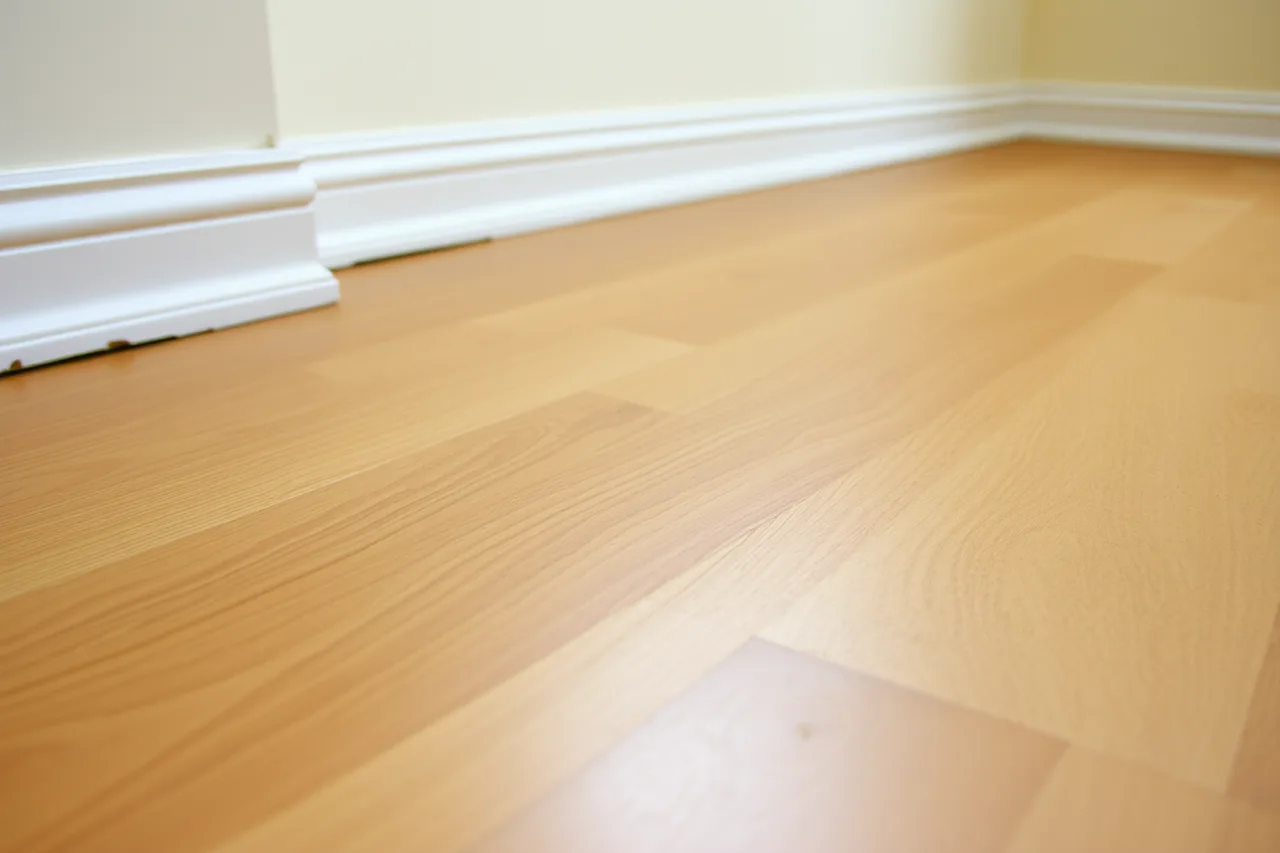 Oak hardwood floor cupping and swelling tight against a baseboard (Climate and flooring installation methods across seven U.S. regions)