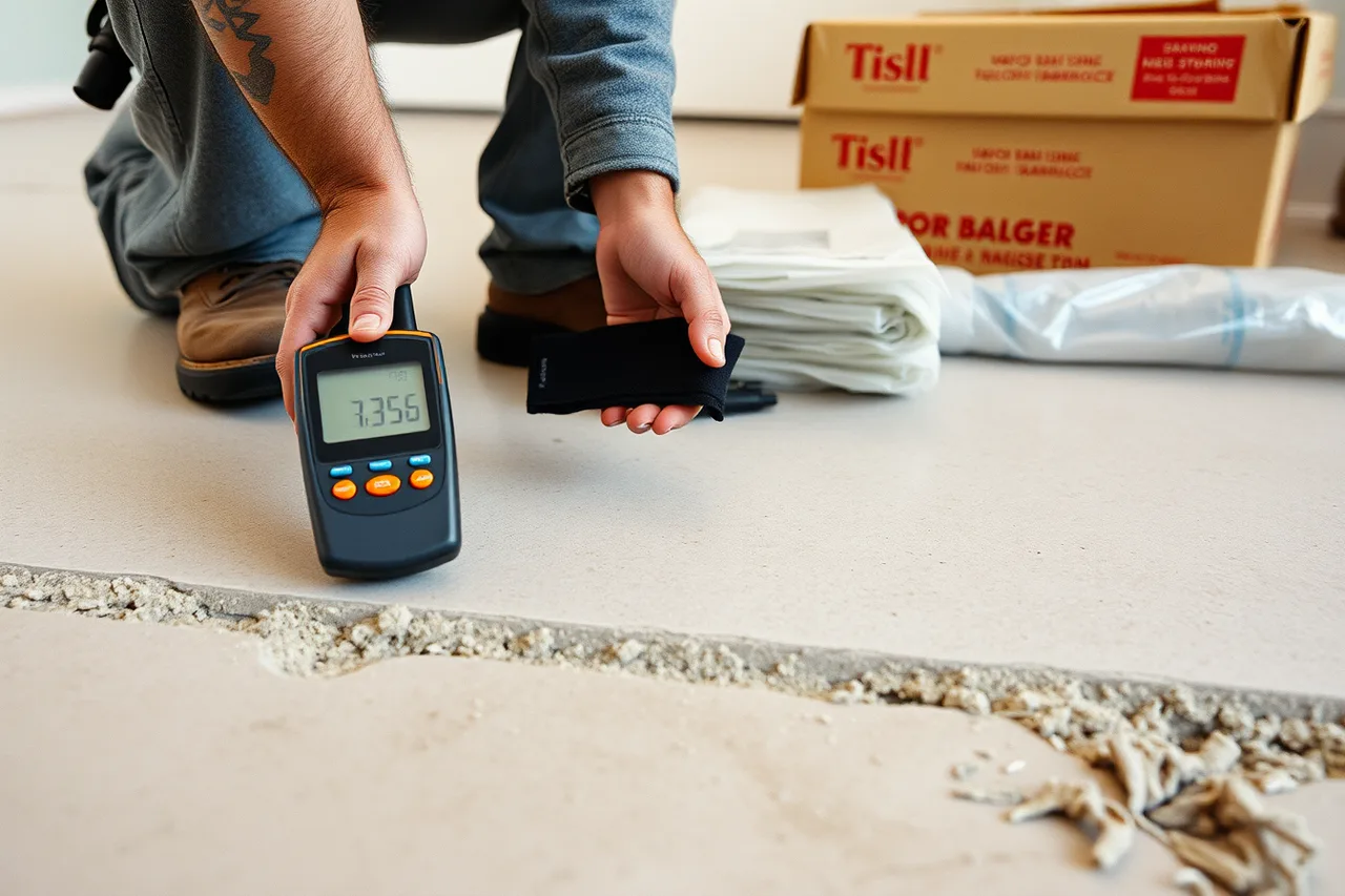 Installer using a moisture meter on a Gulf Coast concrete slab (Climate and flooring installation methods across seven U.S. regions)