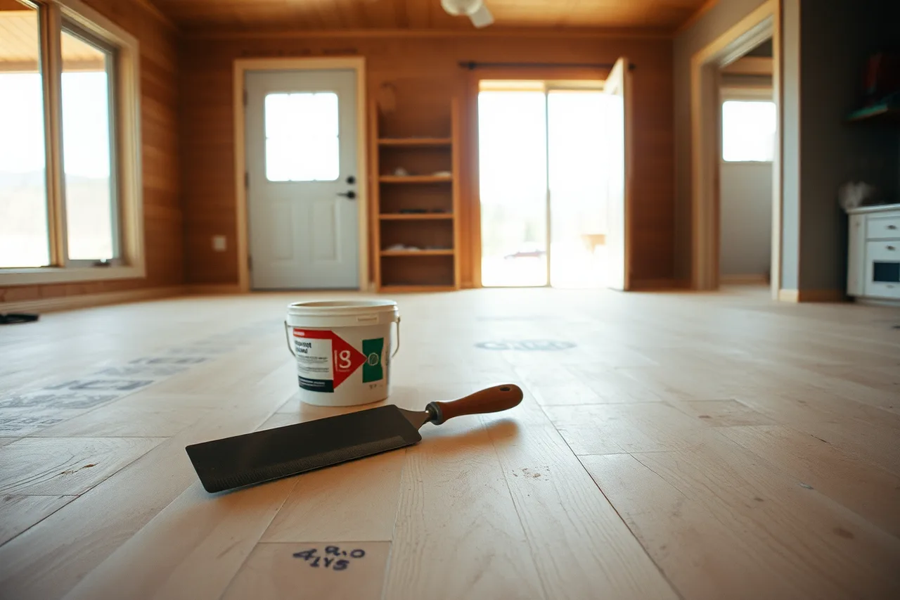 Contractor troweling adhesive for engineered wood in Denver (Climate and flooring installation methods across seven U.S. regions)