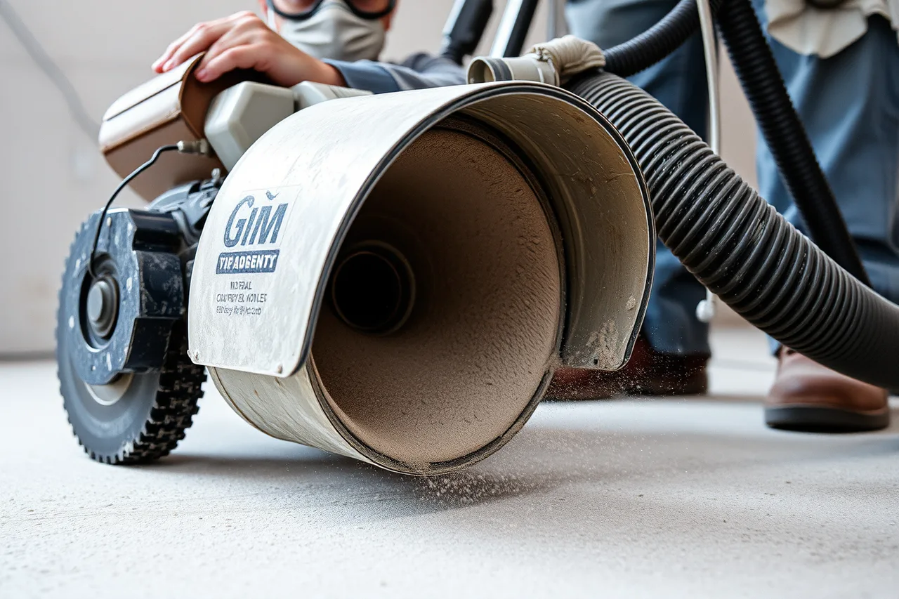 Concrete grinder with dust extraction shroud and vacuum hose in use (Flooring contractor employee training: the essentials, in order)