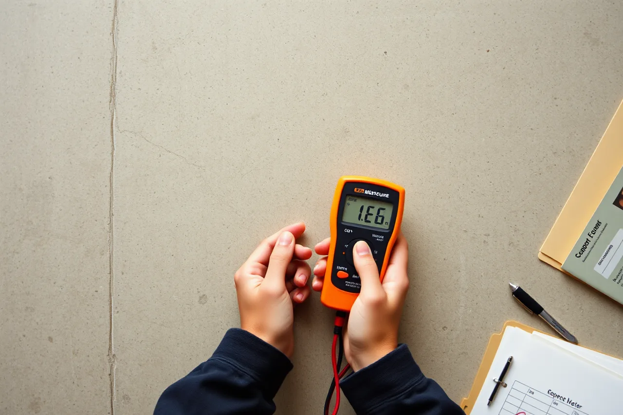 Moisture meter reading taken on a bare concrete slab (Flooring contractor employee training: the essentials, in order)