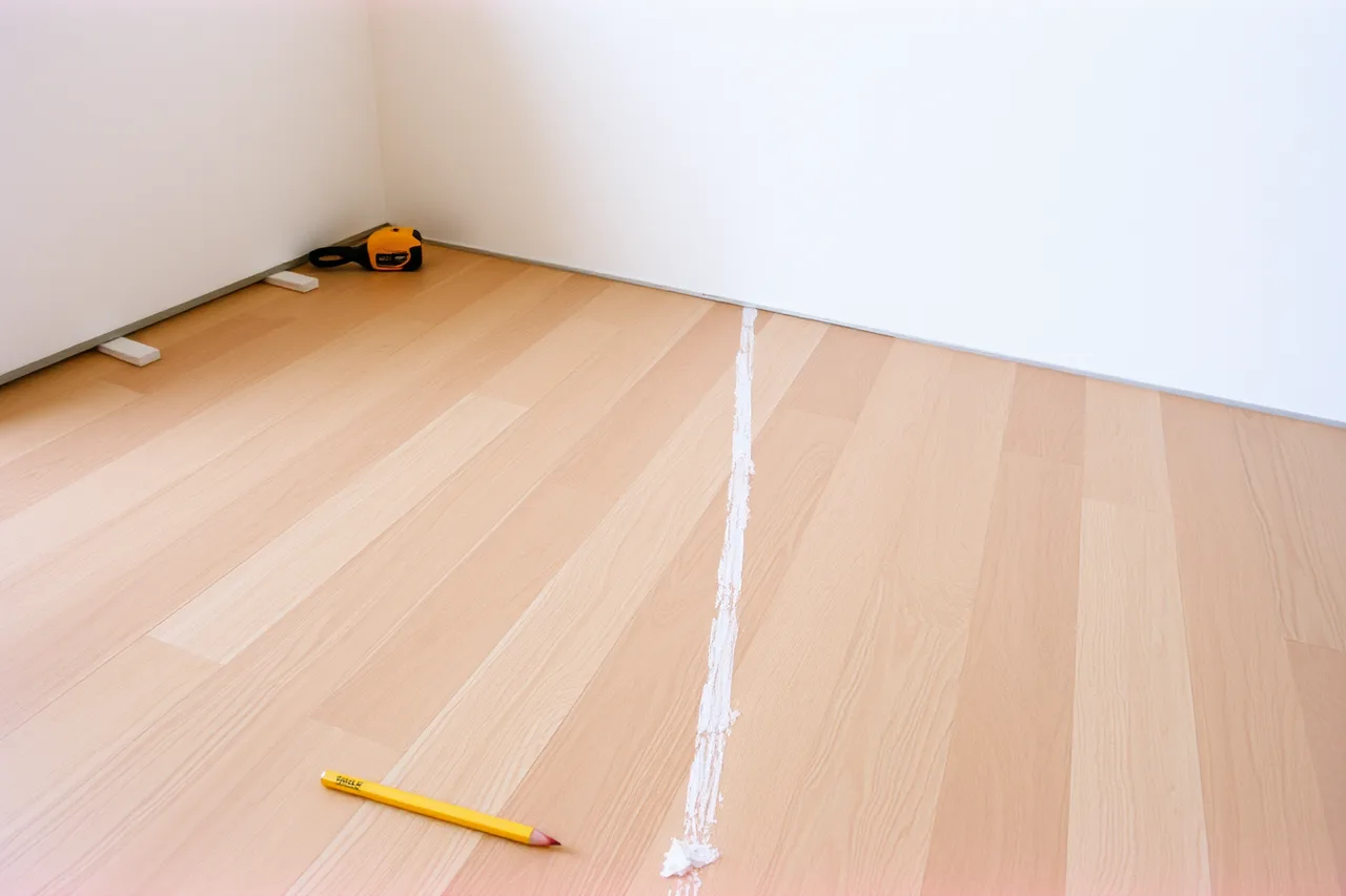 Chalk starting line with first plank row and wall spacers (Flooring contractor employee training: the essentials, in order)