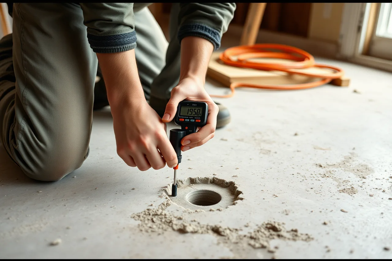 Installer reading a digital moisture meter with an in-place RH probe in concrete (Flooring contractor equipment, reviewed against real use)