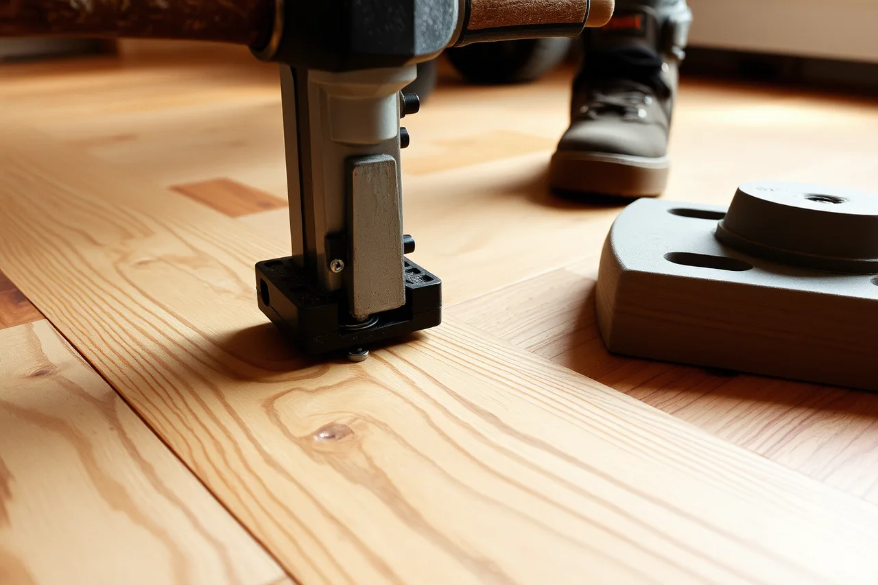 Flooring nailer driving a cleat into a hardwood plank tongue (Flooring contractor equipment, reviewed against real use)