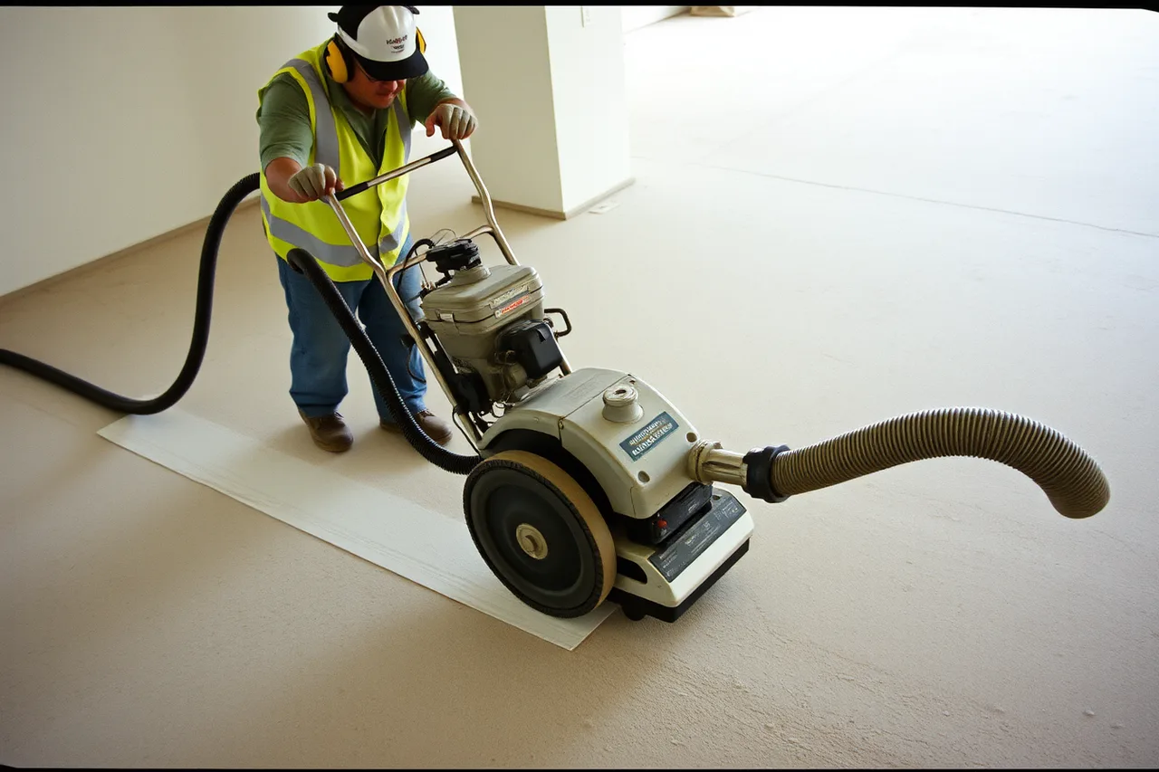 Worker grinding concrete with a shrouded grinder connected to a vacuum (Flooring contractor equipment, reviewed against real use)