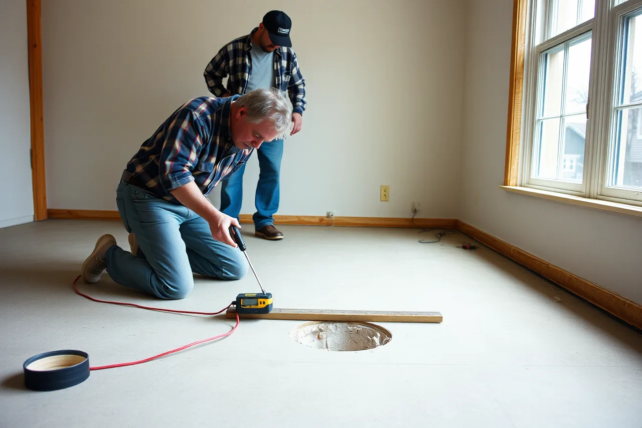 Contractor taking moisture and flatness readings on a subfloor while homeowner watches (How a flooring contractor business finds customers for 2027)