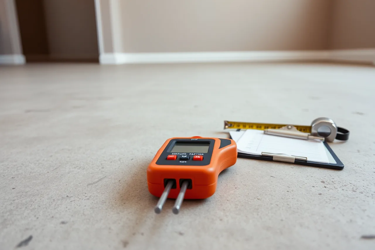 Moisture meter probes pressed on a concrete slab during a flooring measure (The quality routine of a flooring contractor business)