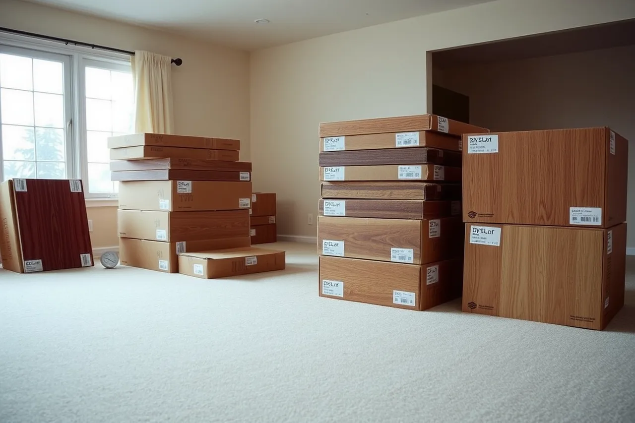 Flooring boxes stacked flat to acclimate in a cleared room (The quality routine of a flooring contractor business)