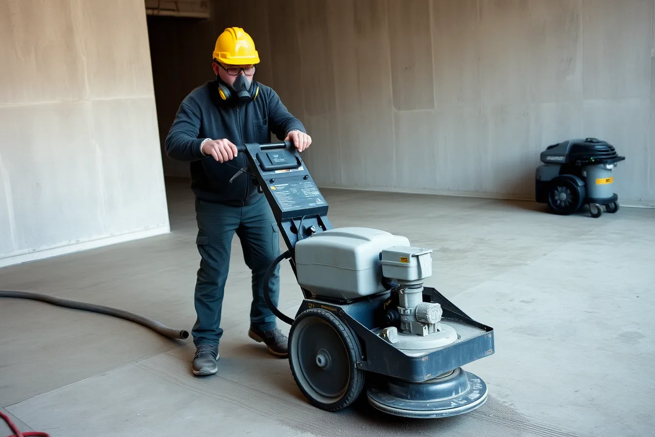 Installer grinding a concrete subfloor with a dust-shrouded walk-behind grinder (Packaging flooring contractor services customers understand)