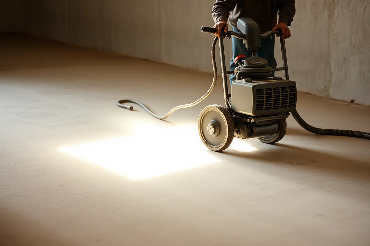 Installer grinding a concrete slab with a walk-behind grinder (How to start a flooring contractor business that fits its market)