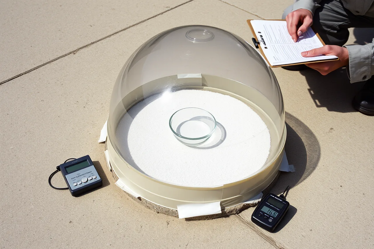 Calcium chloride test dome sealed on concrete slab with meter (How to start a flooring contractor business that fits its market)
