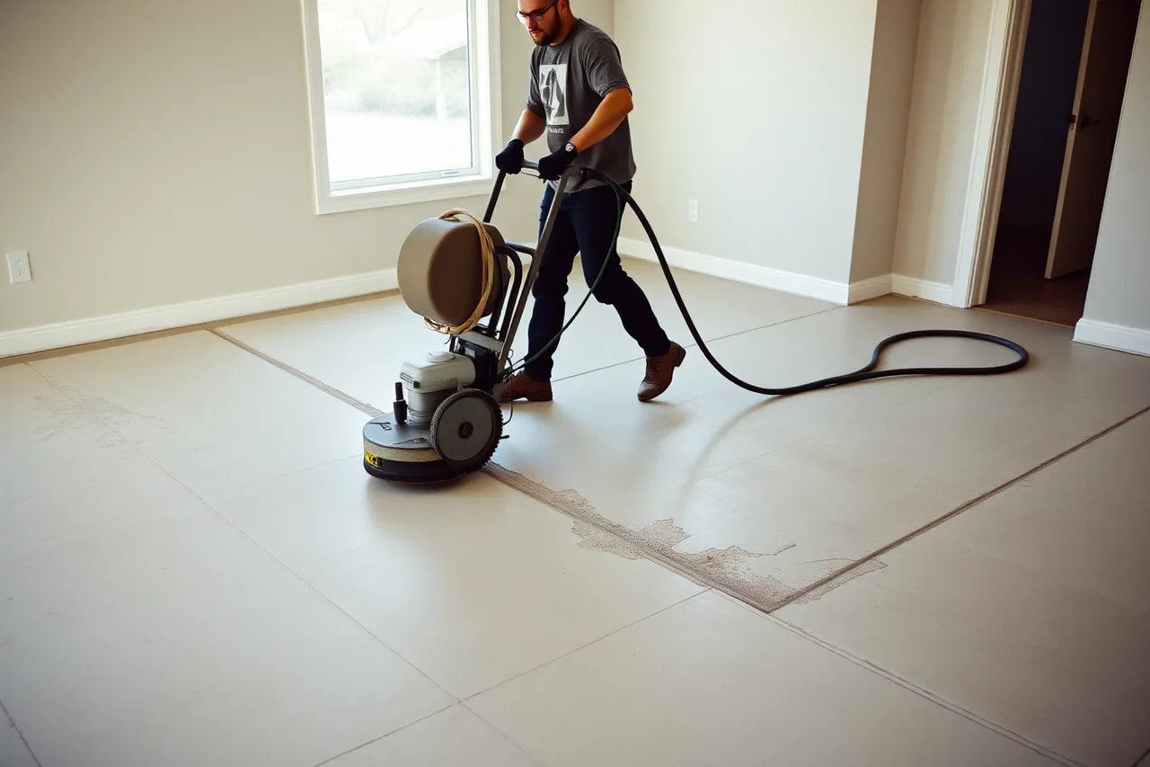 Installer grinding a concrete slab subfloor before laying flooring (Flooring installer bid pricing in Dallas, Phoenix and Atlanta)