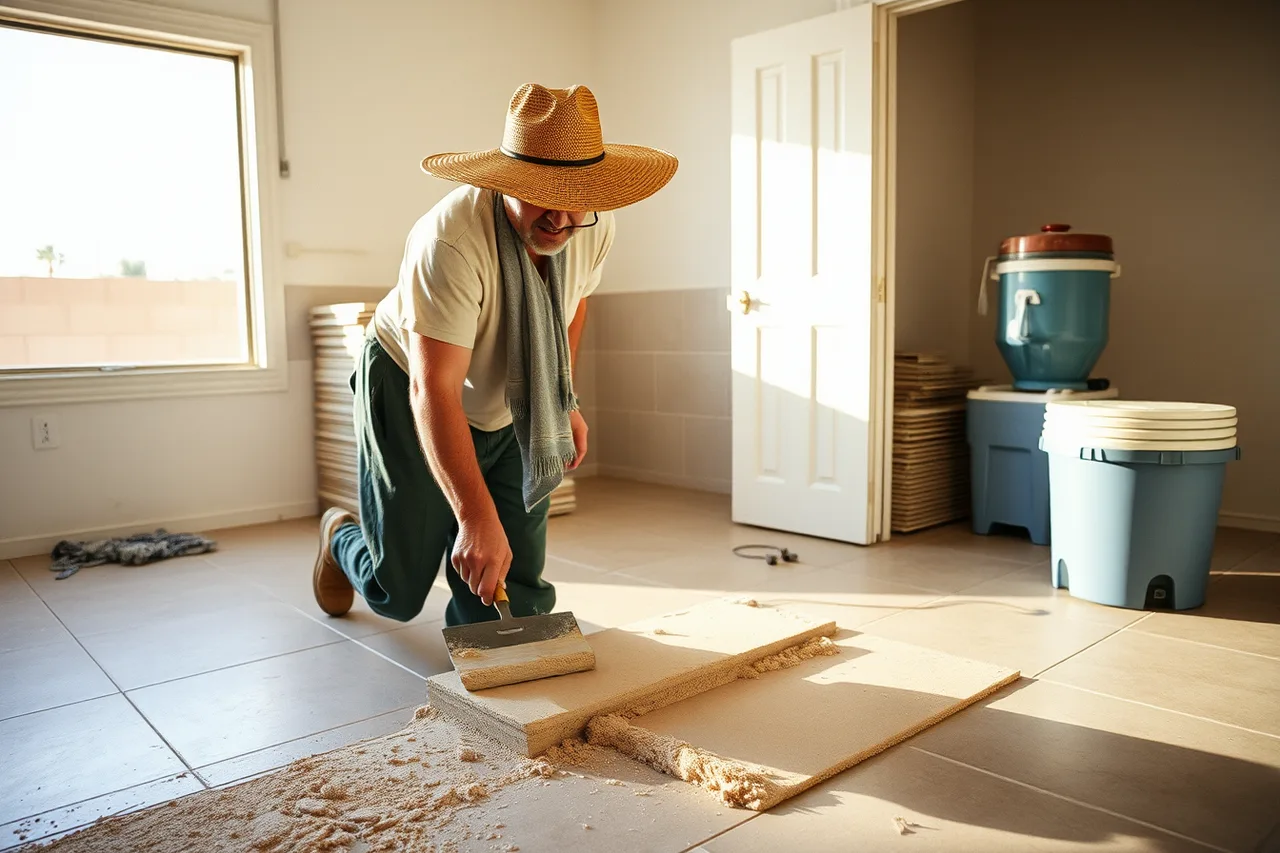 Tile setter spreading heat-rated thinset in a hot Phoenix room (Flooring installer bid pricing in Dallas, Phoenix and Atlanta)