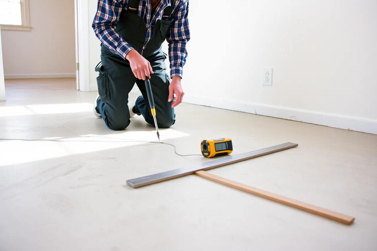 Installer pressing a moisture meter against a concrete subfloor during a measure (More customers for a flooring contractor business: what works)