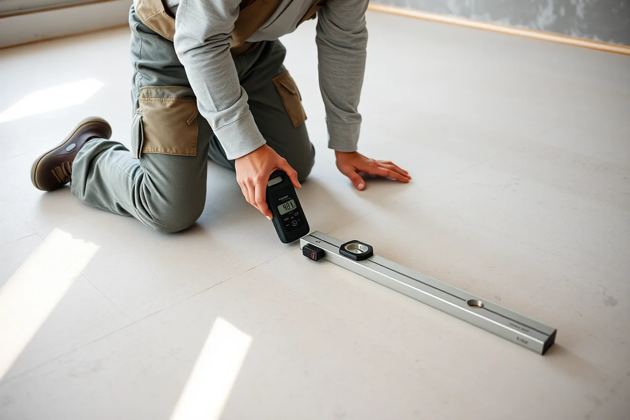 Installer testing concrete slab moisture and flatness before laying flooring (Which local SEO signals actually move rankings for flooring contractors?)