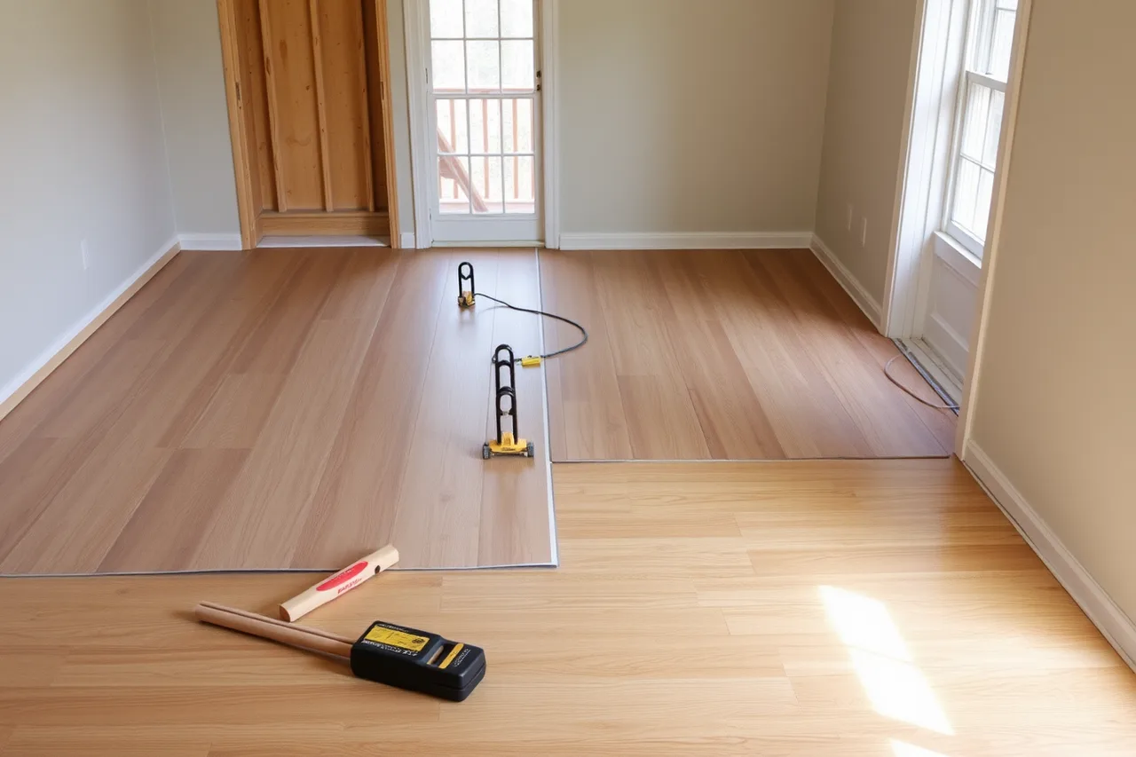 Half-laid floor showing preparation stage during a flooring installation (Which local SEO signals actually move rankings for flooring contractors?)