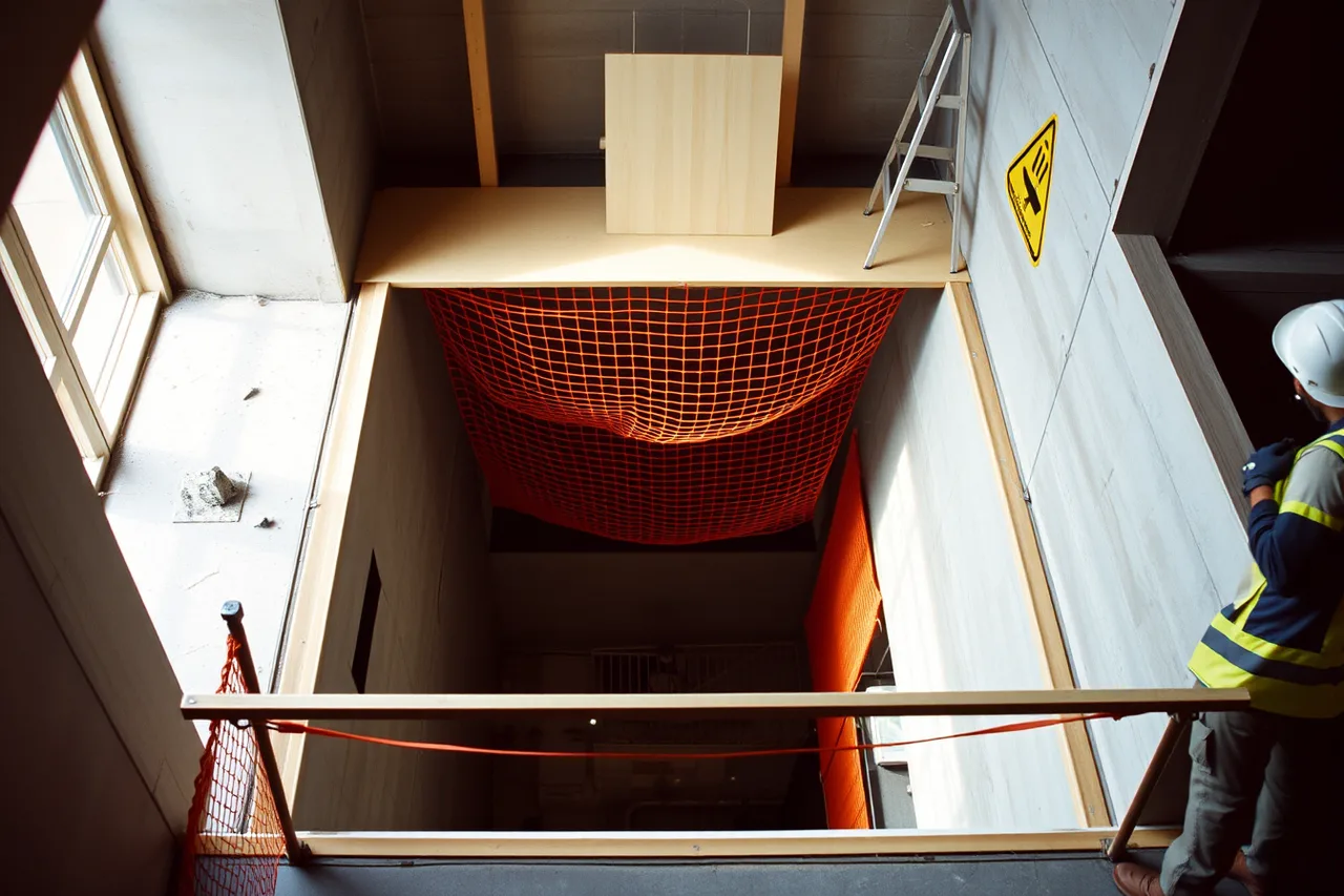 Guardrail and toe board around an open floor hole on a construction site (How OSHA rules shape flooring installer safety on New York City jobs)