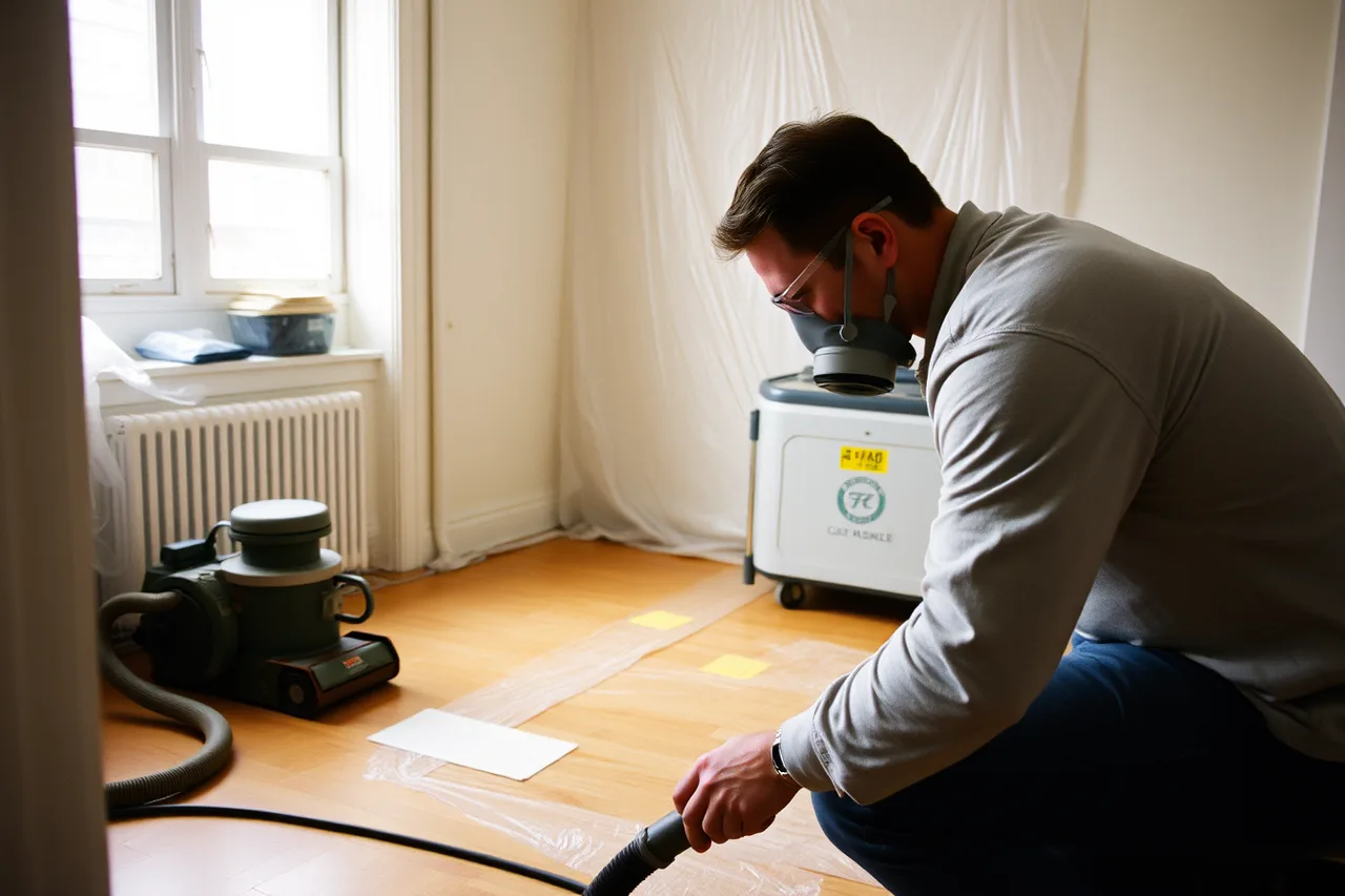 Worker using a floor sander with a HEPA vacuum attachment and plastic containment (How OSHA rules shape flooring installer safety on New York City jobs)