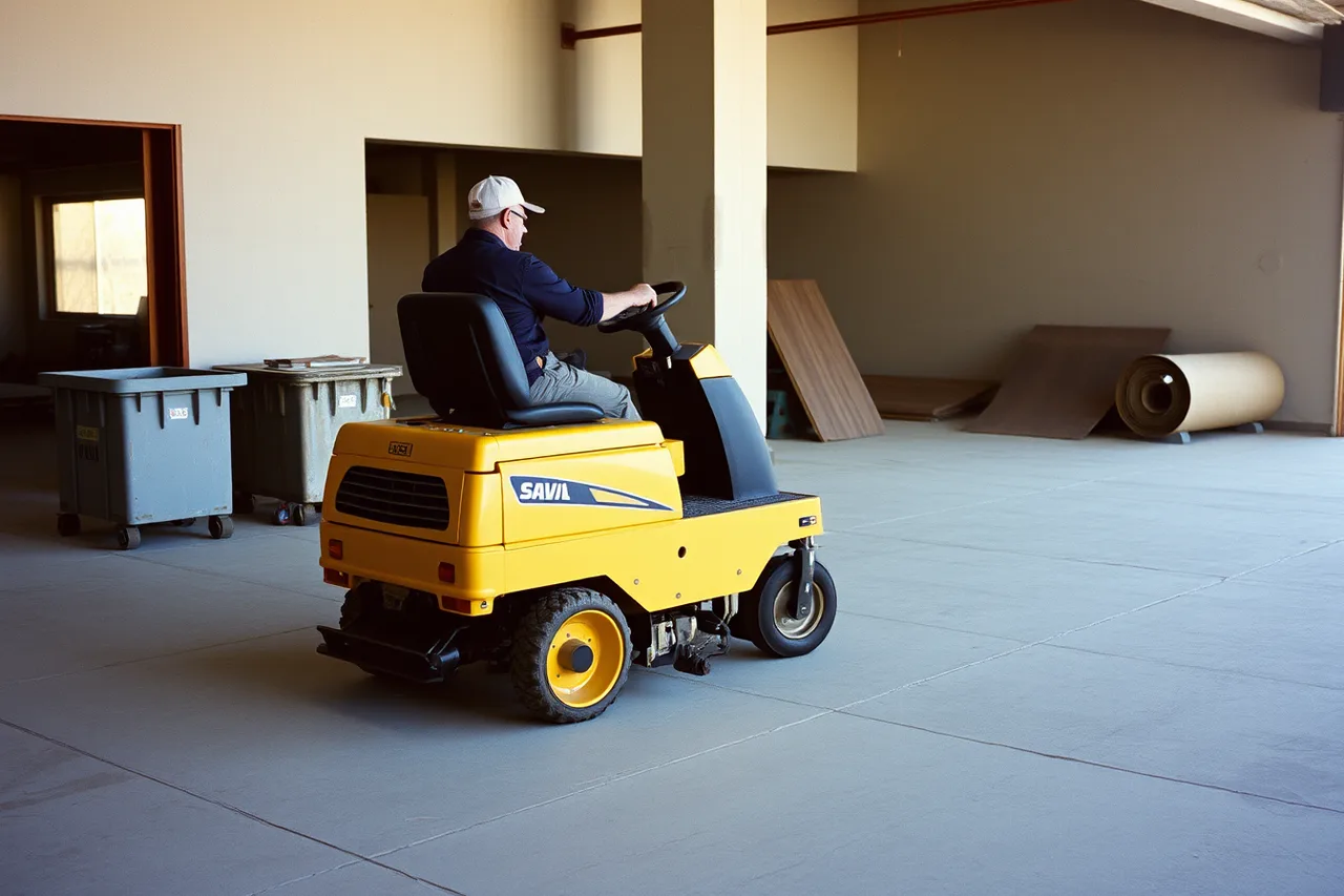 Ride-on floor scraper removing old flooring on a jobsite (What the SBA offers U.S. flooring contractors, loans and programs)