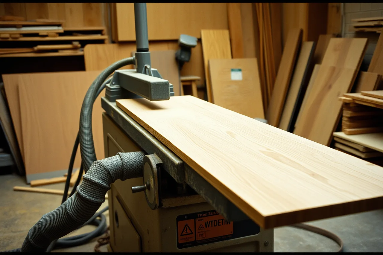 Wide-belt sander smoothing a wood plank in a workshop (What the SBA offers U.S. flooring contractors, loans and programs)
