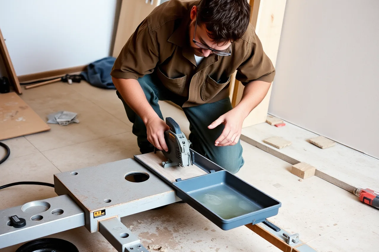 Flooring installer cutting tile with a wet tile saw (What the SBA offers U.S. flooring contractors, loans and programs)